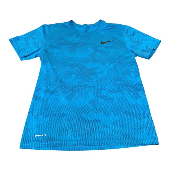 Nike Shirt Men's Medium Blue Navy Camo Short Sleeve Crew Neck Breathable Logo - Picture 1 of 7